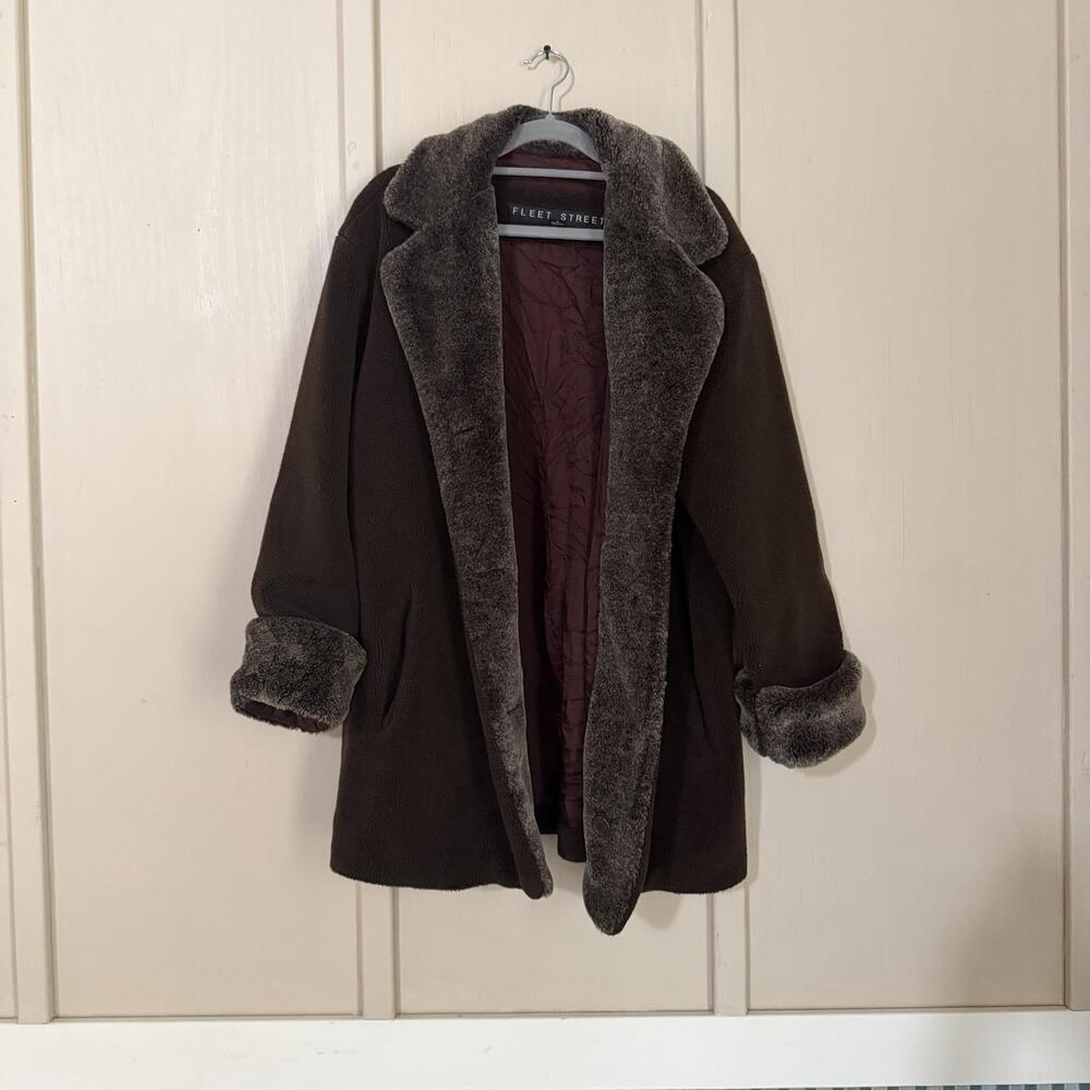 Fleet Street Coat Womens Medium Brown Fleece Faux Fur Trim Lined Winter Jacket